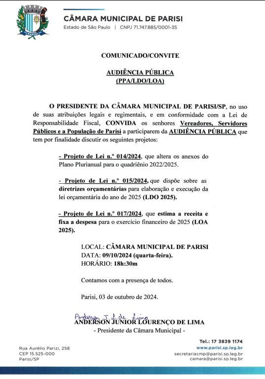 Comunicado Audiência Pública em 09-10-2024 - Legislativo - PPA-LDO-LOA 2025.