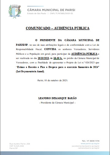 Comunicado - Audiência Pública LOA 2024 - 16-10-2023.