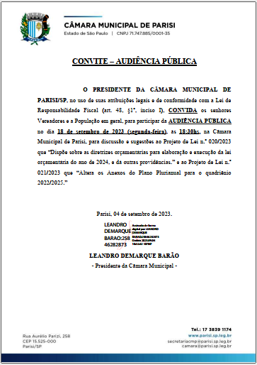 CONVITE - Audiência Pública em 18.09.2023 - Legislativo - LDO 2024 e alteração PPA.